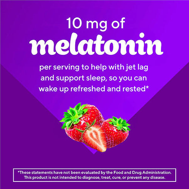Graphic showing 10 mg of melatonin per serving to help with jet lag and support sleep, featuring three red strawberries.