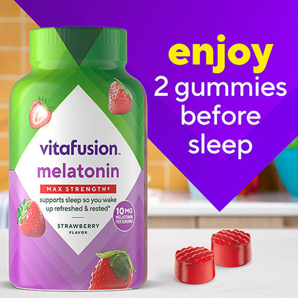Vitafusion Max Strength Melatonin 10 mg bottle with two Strawberry Flavor gummies visible.