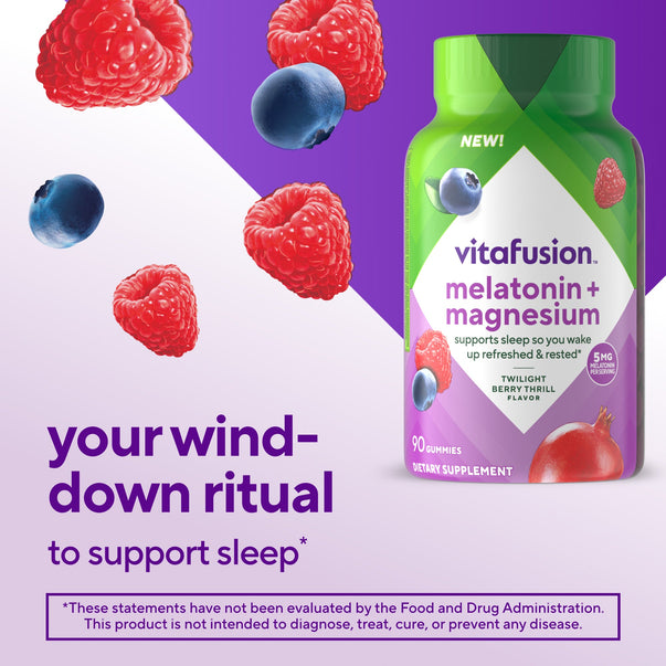 vitafusion melatonin + magnesium gummies, 90 count, Twilight Berry Thrill flavor. Supports sleep so you wake up refreshed & rested.