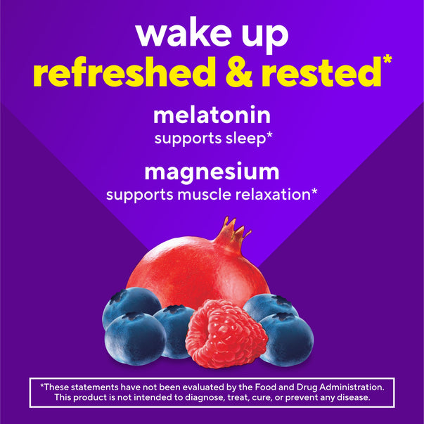 Product highlights graphic stating wake up refreshed & rested*, melatonin supports sleep*, magnesium supports muscle relaxation*.