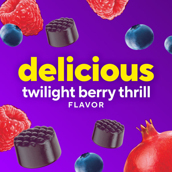 Melatonin 5 mg + Magnesium Gummies with twilight berry thrill FLAVOR, surrounded by raspberries, blueberries, and pomegranate.