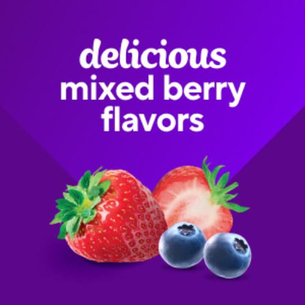 Graphic shows text 'delicious mixed berry flavors' with a whole strawberry, a sliced strawberry, and two blueberries.