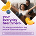 Graphic: 'your everyday health hero' for energy metabolism, eye, muscle & immune support*. A happy couple and fruit slices.