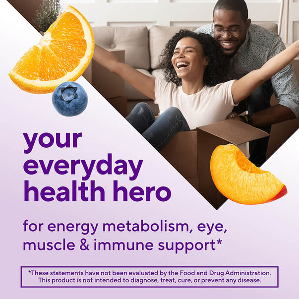 Graphic: 'your everyday health hero' for energy metabolism, eye, muscle & immune support*. A happy couple and fruit slices.