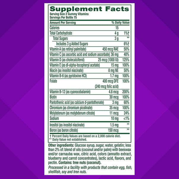 Supplement Facts panel for VF Multivites Gummy, 120 count, showcasing detailed nutritional information.
