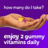 A hand holds two gummy vitamins, one yellow and one purple. Text reads: 'Enjoy 2 gummy vitamins daily.'