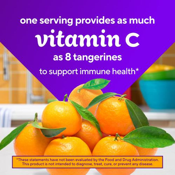 Graphic stating one serving offers Vitamin C equal to 8 tangerines for immune health*, shown with tangerines.