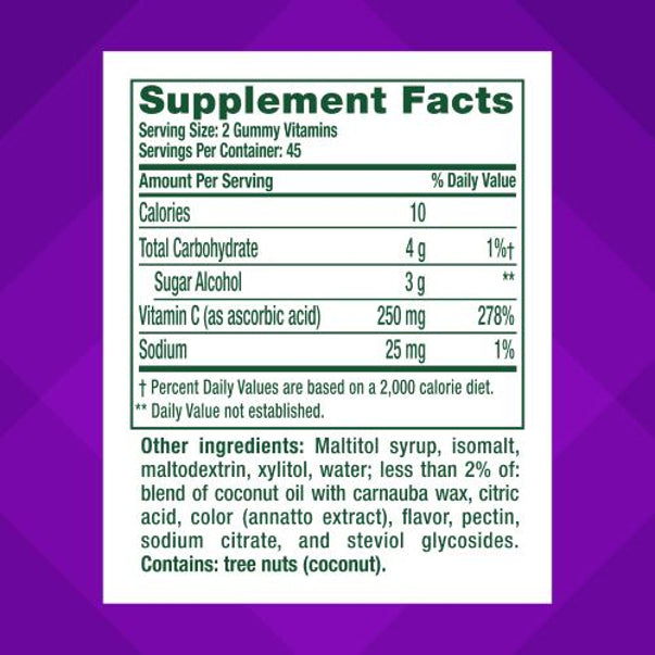 Supplement Facts panel for Sugar Free Power C 250 mg Gummy, 90 count.