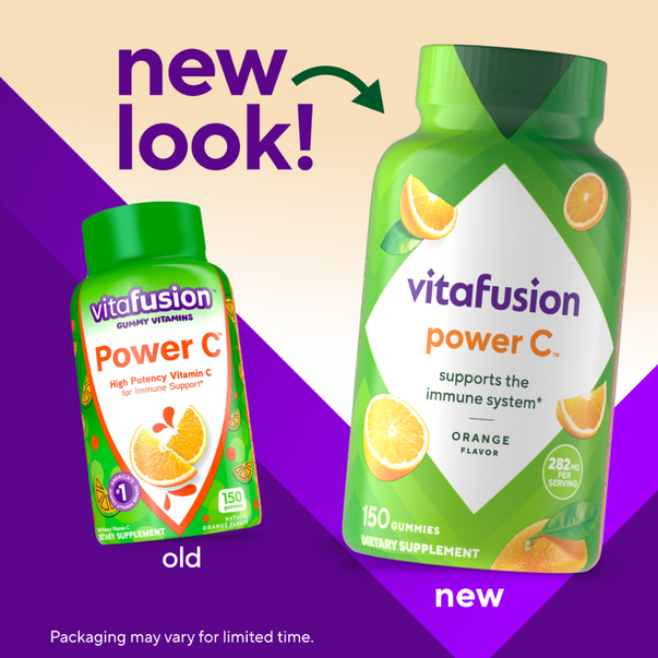 Old and new vitafusion Power C 150 Count Gummy Vitamins, with the new version containing 282mg per serving.