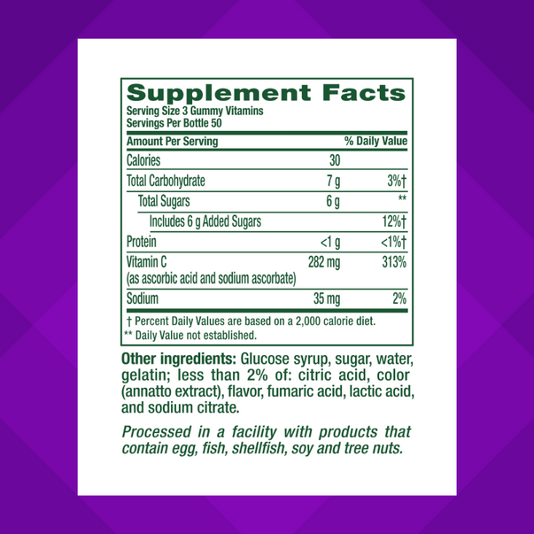 Supplement Facts panel for VF Power C 282 mg Gummies, 150 count.