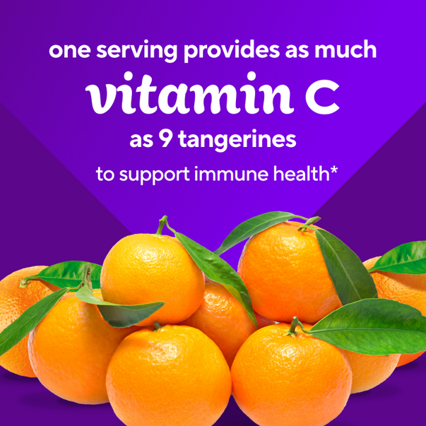 Graphic stating 'One serving provides as much vitamin C as 9 tangerines to support immune health*', and tangerines.