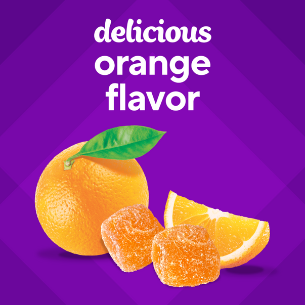 VF Power C 282 mg Gummy 150 Count. Two orange gummies, a whole orange, an orange slice, and text 'delicious orange flavor'.