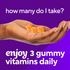 A hand holds three orange VF Power C 282 mg gummy vitamins. Text reads: 'Take 3 gummy vitamins daily.'
