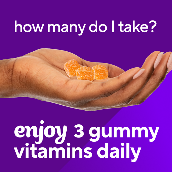 A hand holds three orange VF Power C 282 mg gummy vitamins. Text reads: 'Take 3 gummy vitamins daily.'