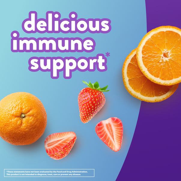 Graphic: 'delicious immune support*' text with whole and sliced oranges, whole and cut strawberries. Disclaimer on product intent.