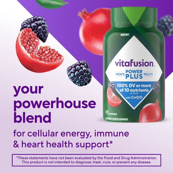 Vitafusion Power Men's Plus Multi 90 Gummies provide 100% daily value of 10 nutrients per serving, including CoQ10.