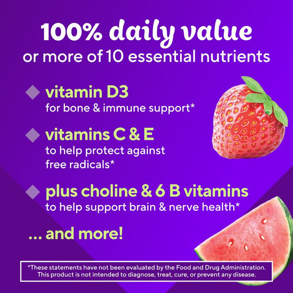 Product highlights graphic stating D3 bone/immune support, C&E protect free radicals, Choline/6 B vits brain/nerve health, and more!