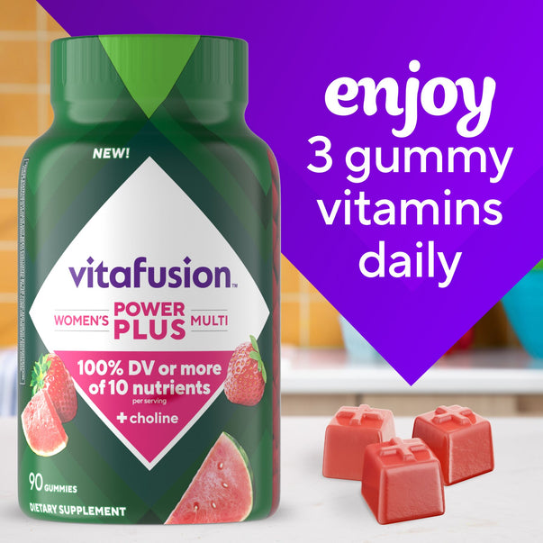 Vitafusion Women's Power Plus Multi Gummy, 90 Count Dietary Supplement bottle with three red gummies.