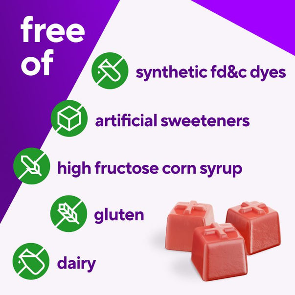 Product highlights graphic stating free of synthetic fd&c dyes, artificial sweeteners, high fructose corn syrup, gluten, dairy.