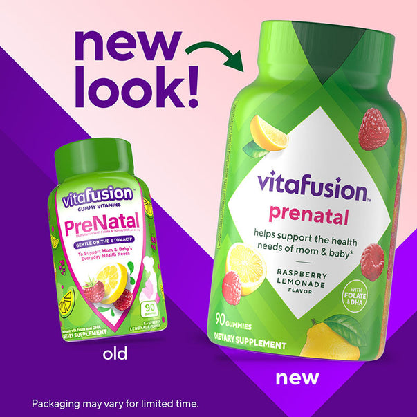 Two vitafusion Prenatal 90 gummy vitamin bottles, showing old and new packaging, Raspberry Lemonade flavor, with Folate & DHA.