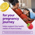 A pregnant woman smiles at a young girl resting her head on her belly. Text: 'for your pregnancy journey helps support the health needs of mom & baby'.