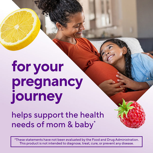 A pregnant woman smiles at a young girl resting her head on her belly. Text: 'for your pregnancy journey helps support the health needs of mom & baby'.