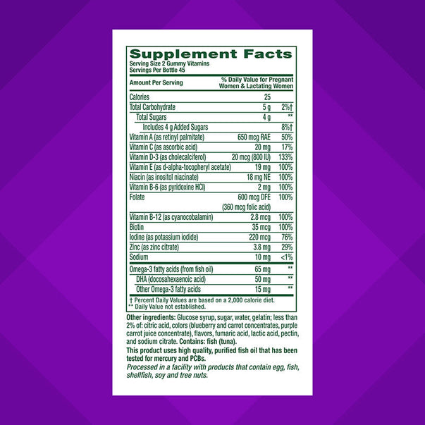Image of the Supplement Facts panel for Prenatal Gummy 4/3, with a 90 count, providing essential information for prenatal nutrition.
