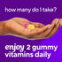 Two rose-shaped VF Prenatal Gummy vitamins are held in a hand, with the message 'enjoy 2 gummy vitamins daily'.