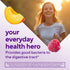 Woman jogging outdoors with an image of a Probiotic Gummy, featuring peach and raspberry flavors.