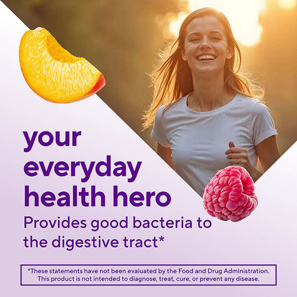 Woman jogging outdoors with an image of a Probiotic Gummy, featuring peach and raspberry flavors.