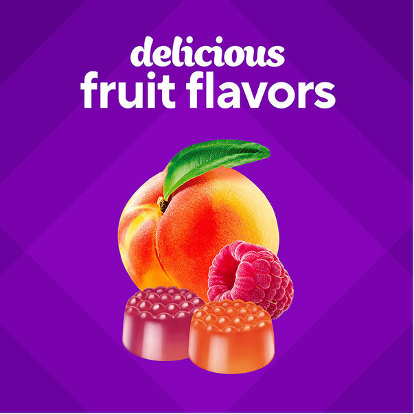 VF Probiotic gummies graphic with 'delicious fruit flavors' text, showing a peach, a raspberry, and two round gummies.