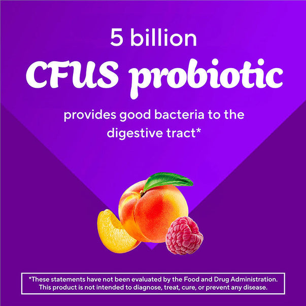 Probiotic gummy graphic: '5 billion CFUs probiotic delivers good bacteria to the digestive tract*', with peach and raspberry.