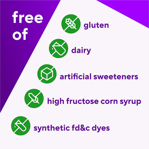 Probiotic bottle: Gluten Free, Dairy Free, Artificial Sweeteners Free, High Fructose Corn Syrup Free, Synthetic FD&C Dyes Free
