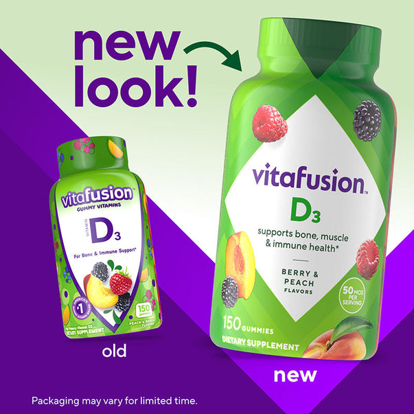 Old and new vitafusion D3 Gummy Vitamins bottles, 150 gummies each. Old: 'For Bone & Immune Support', New: 'supports bone, muscle & immune health*'.