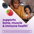 VF D3 Gummy image showing a woman and girl smiling at a tablet, with berries and text: 'Supports bone, muscle, and immune health'.