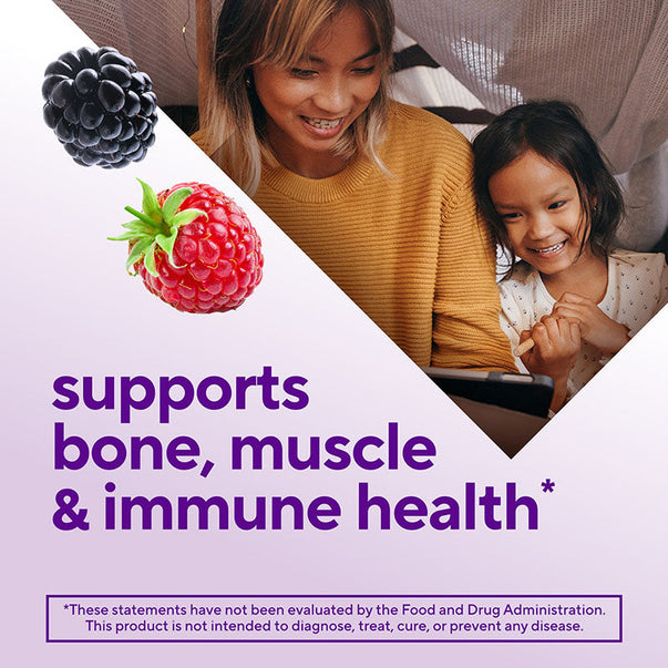 VF D3 Gummy image showing a woman and girl smiling at a tablet, with berries and text: 'Supports bone, muscle, and immune health'.