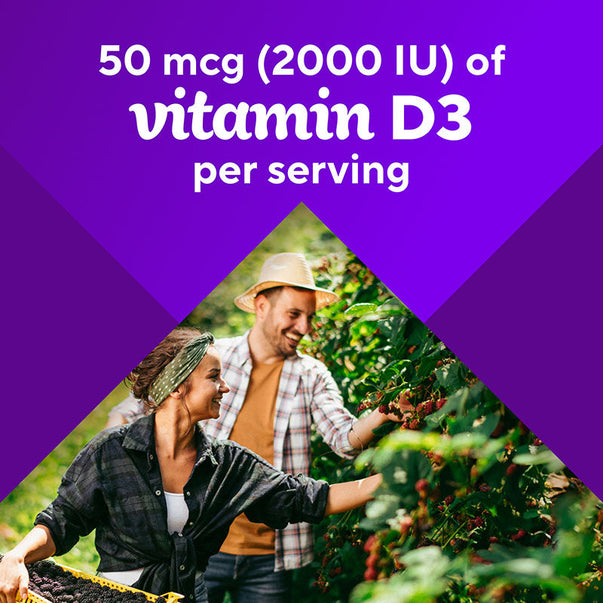 Vitamin D3 2,000 IU gummy graphic: '50 mcg (2000 IU) of vitamin D3 per serving' shown with man and woman picking berries.