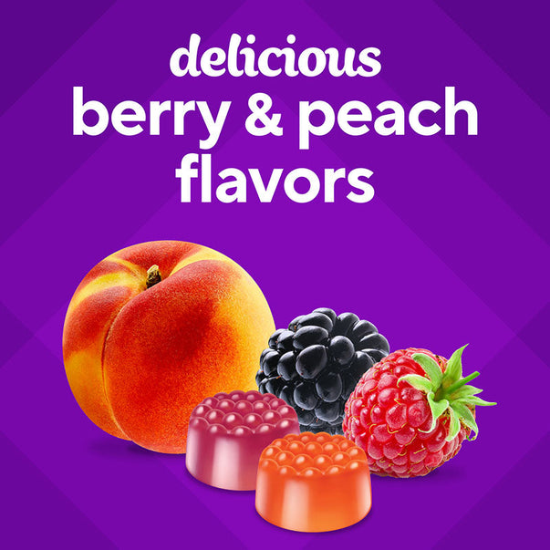 VF D3 2,000 IU Gummy 150 Count features tasty berry and peach flavors, shown by fruit and two gummies.