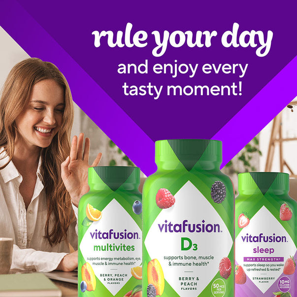 Vitafusion D3 2,000 IU Gummies with 50 mcg per serving in Berry & Peach flavors. Supports bone, muscle, and immune health.