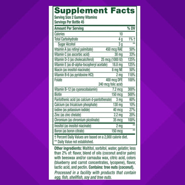 The Supplement Facts panel for VF Sugar Free Women's Multi Gummy 4/3, containing 90 gummies.
